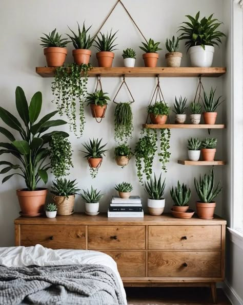 20 Way To Decorate Your Bedroom Dresser, Boho Style – ToolzView Plant Style Bedroom, Aesthetic Plant Shelf, Plant Wall Bedroom, Gallery Wall With Plants, Plants In Bedroom Ideas, Living Room Plant Decor, Indoor Plants Styling Living Rooms, Plant Ideas Indoor, Dresser Boho