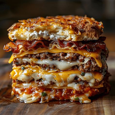 Bacon Lasagna Burger combines crispy bacon, cheesy lasagna, and juicy beef patties in one epic burger. Try it now for a meal to remember! Lasagna Burger, Bacon Lasagna, Mac And Cheese Burger, Cheesy Lasagna, Beef Patties, Bbq Bacon, Bacon Burger, Favorite Recipes Dinner, Beef Patty