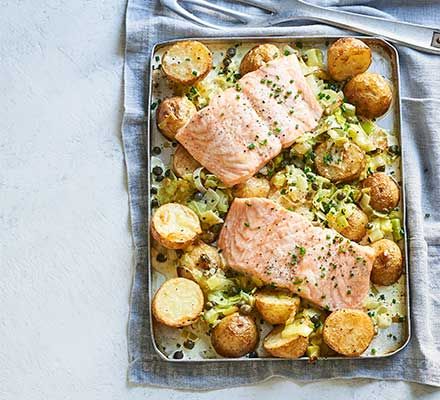 used yoghurt instead of cream (not full 70ml) , more leeks and put back in oven with Salmon rather than grilling. Leek And Salmon Recipe, Salmon With Leeks, Midweek Dinner Recipes, Salmon Tray Bake Recipes, Salmon And Leeks, Salmon And Leek Recipes, Easy Traybake Recipes Dinner, Salmon And Leeks Recipe, Salmon And Potato Bake