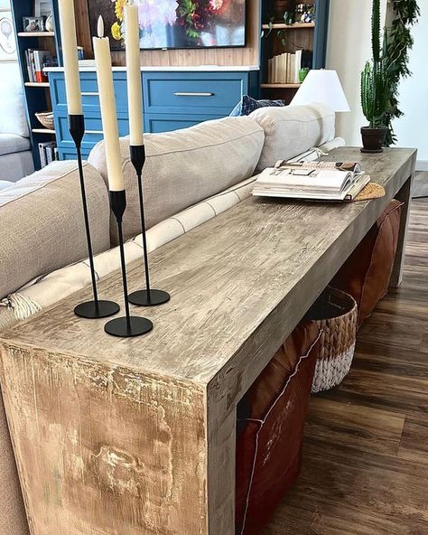 Tara Salas | DIY console table. One of my favorite builds. 8ft long table for less than $100 in materials. . I have a 3 part series in reels tab that… | Instagram Console Table Behind Leather Couch, Large Sofa Table Behind Couch, Sofa Table Behind Couch Entryway, Chunky Sofa Table, Long Couch Table, Buffet Table Behind Sofa, Long Console Table Behind Couch, Low Bench Behind Sofa, Side Table Behind Couch