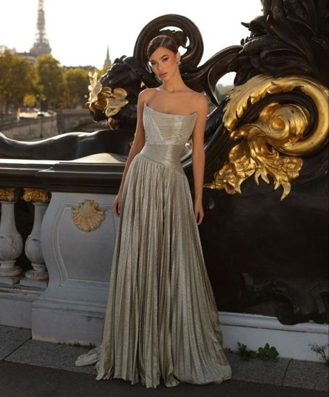 Luxury Evening Dresses, Tarik Ediz Dresses 2023, Two Fabric Dress, Gorgeous Dresses Elegant, Luxury Dress Glamour, 2023 Evening Dress, Wow Dresses, Gold Dress Outfit, Pleated Fabric Dress