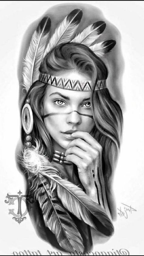 Tattoo Indien, Red Indian Tattoo, Indian Women Tattoo, Indian Girl Tattoos, Native American Tattoo Designs, Indian Tattoo Design, Native American Girl, Native American Drawing, Native American Tattoo