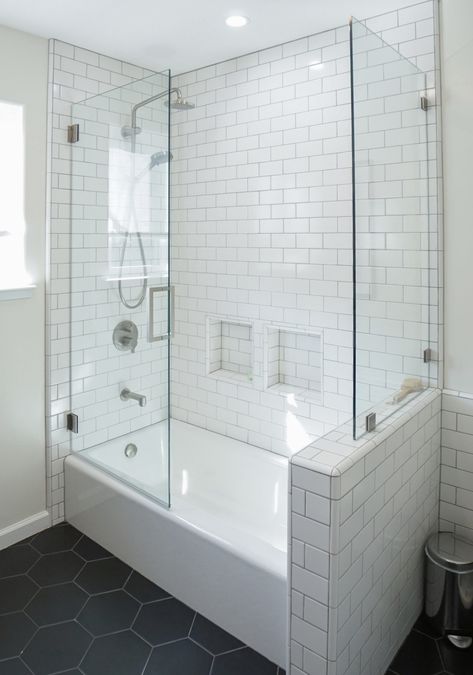 Tub Shower Half Wall, Bathtub With Glass Surround, Bathroom Remodel With Bathtub Shower Combo, Mini Tub Shower Combo, Half Tub Shower Combo, Footed Tub Small Bathroom, Shower Bath Combo Glass Door, Glass Doors On Shower Tub, Bathtub Shower Combo Glass Door