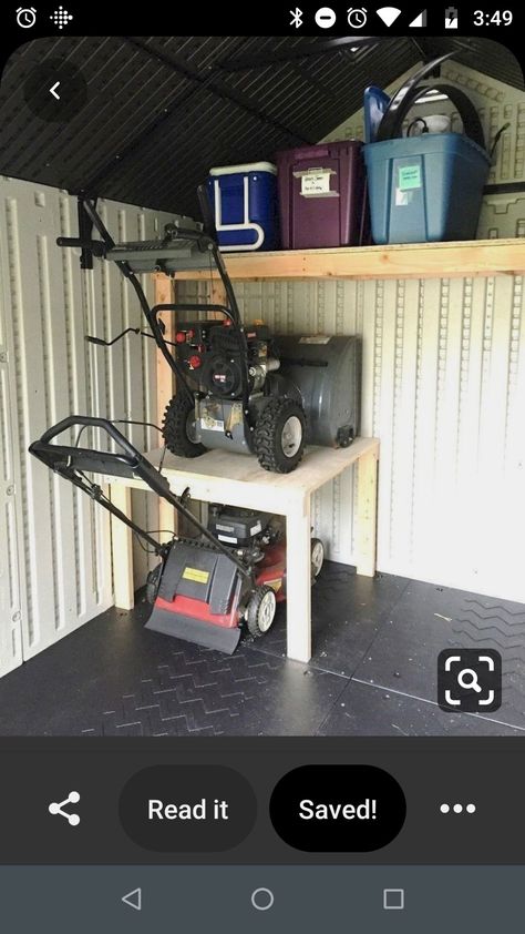 Lawn Mower Storage Shelf, Garage Organization Lawn Mower, Lawn Equipment Storage, Wheelbarrow Storage, Suncast Storage Shed, Tool Shed Organizing, Keter Sheds, Garage Storage Plans, Garage Hacks