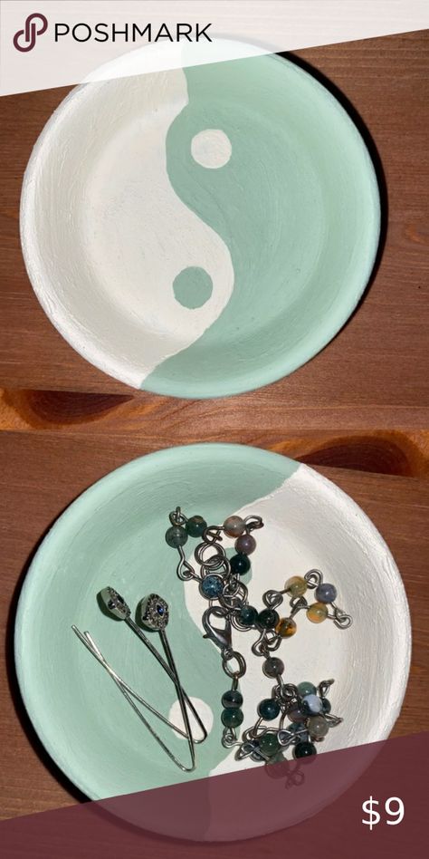 sage & cream ying yang catch all tray Ying Yang Clay, Catch All Tray, Catchall Tray, Hand Painted Pottery, Diy Pottery, Hand Painted Ceramic, Ying Yang, Pottery Painting, Polymer Clay Crafts