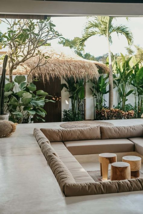 Bali Interior Design, U Couch, Sofa Pouf, Balinese Villa, Bali Style Home, Tropical Interiors, Bali House, Tropical Architecture, Tropical Resort