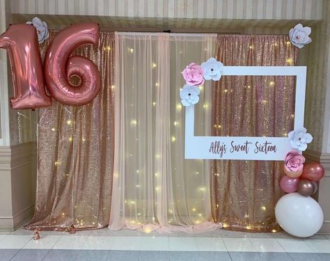 Oh How Sweet 16 | CatchMyParty.com Decoration For 16 Birthday Party, Sweet 16 Picture Display Ideas, Rose Gold And White Sweet 16 Party Ideas, Oh How Sweet 16 Party, Oh How Sweet 16, Birthday Decorations 16 Sweet 16, Backdrop For 16 Birthday, Sweet 16 Party Treats, Pink Sweet 16 Outdoor