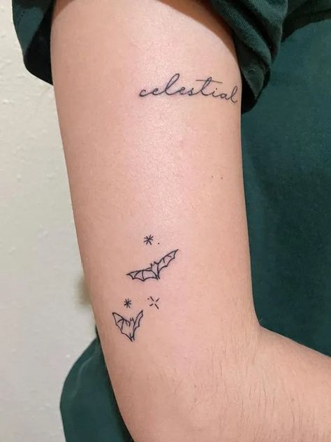 Cute Small Spooky Tattoos, Halloween Wrist Tattoos For Women, Tell Me Tomorrow Tattoo, Dainty Spooky Tattoo, Fine Line Spooky Tattoo, Micro Bat Tattoo, Spooky Little Tattoos, Minimalist Spooky Tattoo, Tiny Vampire Tattoo