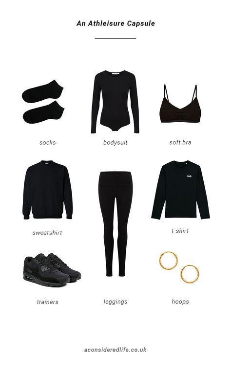 All Black Capsule Wardrobe, Plain Black Sweatshirt, Black Capsule Wardrobe, Postpartum Style, Capsule Clothing, Black Athleisure Outfits, Athleisure Capsule Wardrobe, Athleisure Capsule, All Black Nikes