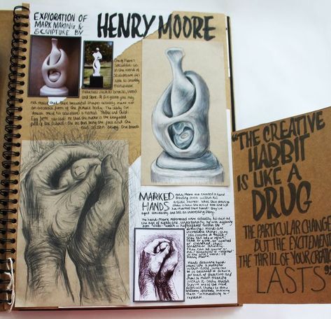 artist research page Brown Sketchbook, Artist Research Page, Kunstjournal Inspiration, Sketchbook Layout, Textiles Sketchbook, Art Alevel, Gcse Art Sketchbook, A Level Art Sketchbook, Henry Moore