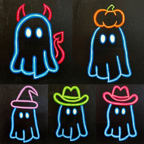 Pumpkin Painting Ideas Glow In The Dark, Neon Ghost Painting, Glow In The Dark Pumpkin Painting, Glow In The Dark Canvas Painting, Glow In The Dark Paint Ideas, Halloween Chalk Drawings, Neon Drawing Ideas, Glow In The Dark Painting Ideas, Neon Art Ideas