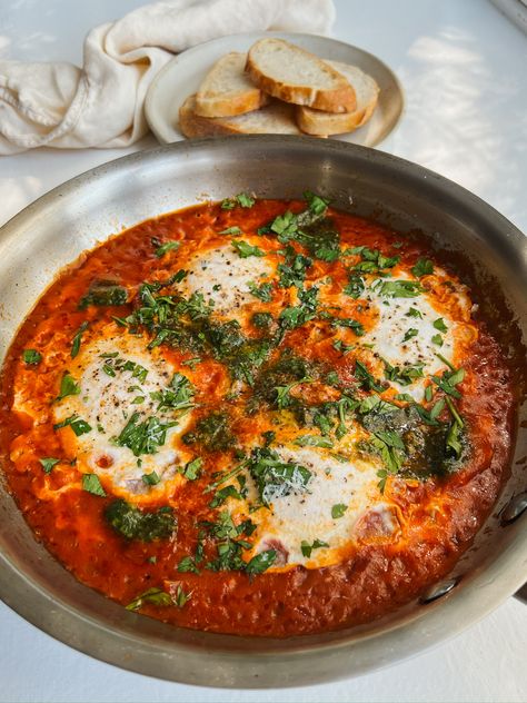 Pesto Eggs in Purgatory Eggs With Pesto, Brocc Your Body, Eggs In Purgatory, Shallot Vinaigrette, Pesto Eggs, Orzo Pasta Salad, Crispy Shallots, Egg Pasta, Skillet Cooking