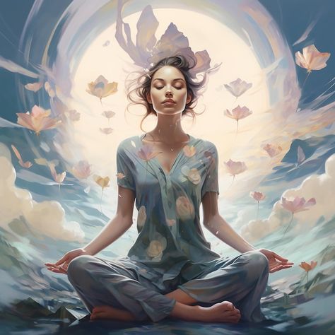 Inner peace in the image of a woman in a lotus position in the sky with a flowers Study Chill, Anime Eye Makeup, Lofi Music, New Media Art, Ambient Music, Deep Relaxation, Spiritual Awareness, Anime Eyes, Meditation Music