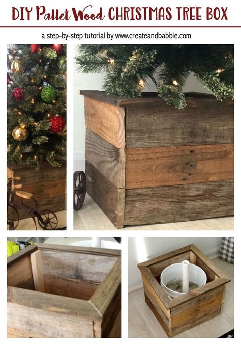 How to Make a Christmas Tree Box with pallet wood. Christmas Tree Box Stand, Pallet Wood Christmas Tree, Pallet Wood Christmas, Christmas Tree Base, Christmas Tree Box, Tree Box, Pallet Christmas, How To Make Christmas Tree, Farmhouse Christmas Tree