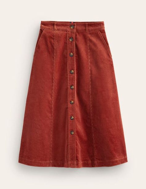 Corduroy Skirt Outfit, Warm Skirt, Midi Skirt Brown, Maroon Skirt, Mid Size Fashion, Button Front Skirt, Midsize Fashion, Stylish Fall Outfits, Boden Uk