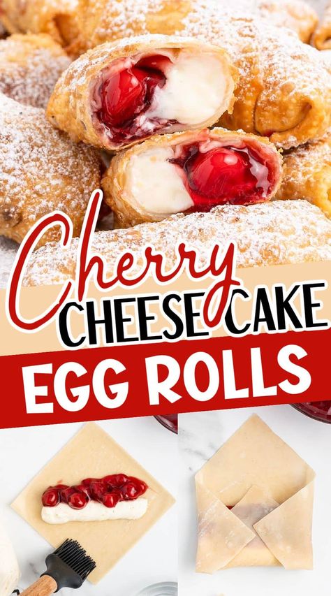 Cherry Cheesecake Egg Rolls are a delightful dessert spin on the classic Asian appetizer! With tart cherry filling and creamy cheese, these crispy handheld treats are a breeze to make and can be pan-fried, air-fried, or baked. Apple Cheesecake Egg Rolls, Fall Recipes Appetizers Snacks, Favorite Party Foods, Egg Roll Wrapper Desserts, Cherry Cream Cheese Egg Rolls, Cherry Cheesecake Egg Roll Recipe, Cherry Egg Rolls, Sweet Egg Rolls Desserts, Desert Egg Roll Recipes