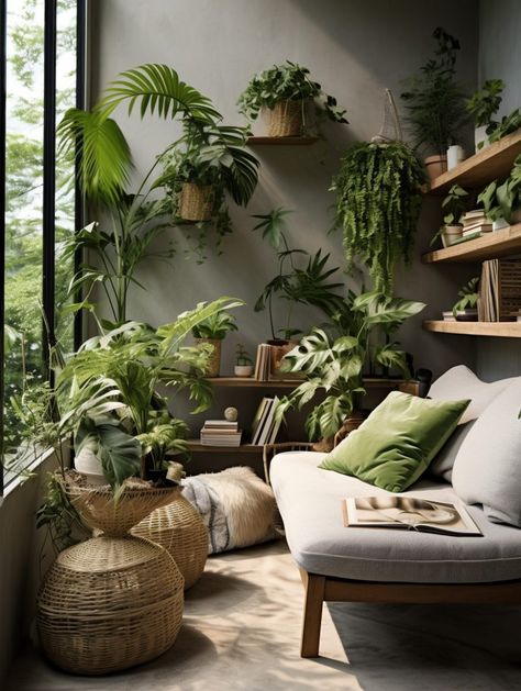 Home Interior Design Plants, Contemporary Living Room With Plants, Home Plant Design, Loft Plants Decor, Cozy Loft Space, Plant Filled Home Office, House Plant Room Ideas, Plant Inspired Living Room, Boho Plant Room Ideas