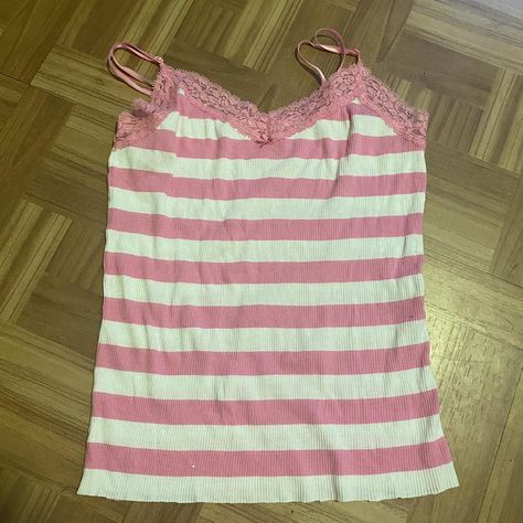 PINK super cute bubblegum pink and white striped... - Depop Pink Y2k Top With Spaghetti Straps, Cheap Pink Y2k Camisole, Pink Fitted Kawaii Top, Pink Fitted Y2k Camisole, Pink Coquette Camisole Top, Striped Cami Tops, 2000 Fashion, Y2k Clothes, Stripe Outfits