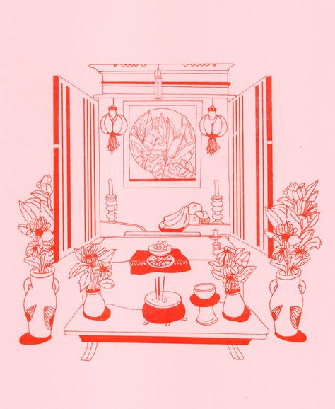 Miki Lowe illustration risograph printmaking japanese @mikithlowe Pink Room Illustration, Japanese Style Illustration, Risograph Illustration, Illustration Japanese, Pink Illustration, Room Illustration, Risograph Print, Wall Collage, Graphic Design Illustration