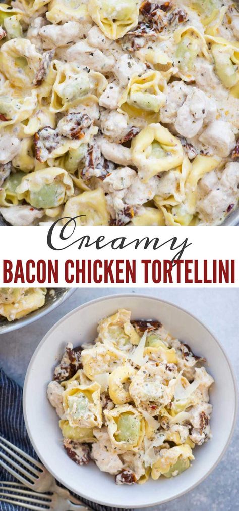 Creamy Chicken Tortellini with bacon and sundried tomato is comforting and easy dinner recipe- loaded with juicy chicken, bacon, sundried tomatoes and a delicious cream sauce. Creamy Chicken Tortellini, Crock Pot Tortellini, Vegetable Pasta Bake, Comfort Pasta, Best Pasta Dishes, Chicken Tortellini, Creamy Chicken Pasta, Tortellini Recipes, Pre Cooked Chicken