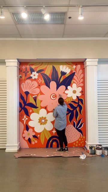 Morgan Elliott on Instagram: "Keep practicing ✨💕" Mural Art Bathroom, Entryway Mural Ideas, Spanish Mural, Mural Wall Art Outdoor, Pretty Murals, Mural Classroom, Easy Murals, Wall Murals Nature, Floral Mural Painting