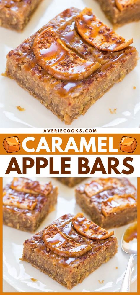 An easy apple dessert! You only need a handful of ingredients for this fall baking recipe. With all the flavor of caramel apples minus the stick, these soft, moist, chewy blondies are a delicious Thanksgiving sweet treat. Everyone will love these apple caramel bars! Caramel Apple Blondies, Fall Baking Ideas, Chewy Blondies, Easy Thanksgiving Dessert, Caramel Apple Desserts, Apple Blondies, Caramel Apple Bars, Apple Desserts Easy, Apple Caramel