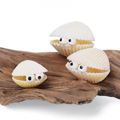 Add pony bead eyes to clam shells to make these critters. Perch them on driftwood for a really cute display. Shell Animals, Art Coquillage, Seashell Projects, Decorative Soaps, Shell Crafts Diy, Sea Crafts, Ocean Crafts, Creative Craft, Googly Eyes