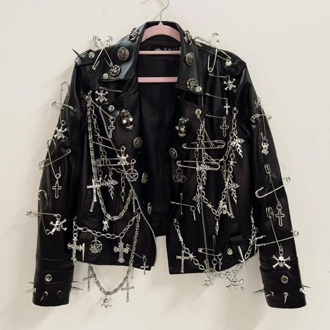 Black faux leather punk jacket 

Customised item... - Depop Customised Leather Jacket, Punk Jacket Ideas, Goth Battle Jacket, Punk Jacket Diy, Leather Jacket Ideas, Ripped Jeans With Fishnets, Jeans With Fishnets, Gothic Diy, Goth Jacket