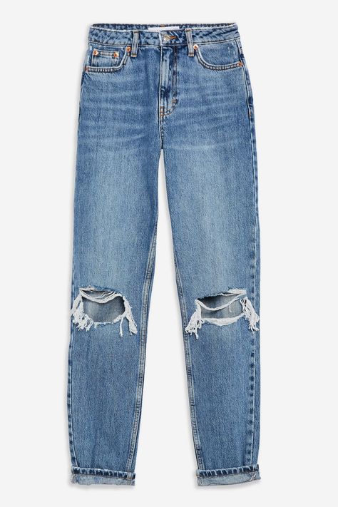 Mid Blue Double Knee Ripped Mom Jeans | Topshop Lederhosen Outfit, Mom Jeans Ripped, Topshop Mom Jeans, Ankle Grazer Jeans, Good Woman, Ripped Jeggings, Dark Grey Jeans, Ripped Knee Jeans, White Ripped Jeans