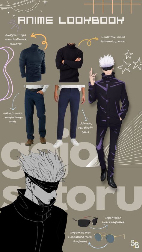 Anime lookbook: Gojo Satoru #anime #outfit #inspiration #outfitdetails #slaynime #sbpins Gojo Outfits Jjk, Cosplay Anime Boy Outfit, Anime Outfit Men, Gojo Satoru Clothes, Gojo Style Outfit, Gojo In Toji Outfit, Gojo Outfit Ideas, Jujutsu Kaisen Inspired Outfits, Anime Inspired Outfits Men