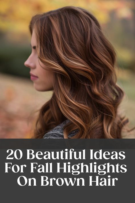 Woman with wavy brown hair and fall highlights against a blurred outdoor background. Text overlay: "20 Beautiful Ideas For Fall Highlights On Brown Hair". Brown And Chestnut Hair, Fall Transition Hair Color Brunette, Fall Brown Hair Straight, Layered Brunette With Highlights, What To Do With Light Brown Hair, Light Chestnut Brown Hair Balayage, Single Process Hair Color With Partial Highlights, Fall Medium Brown Hair, Highlights For Fall Brunettes