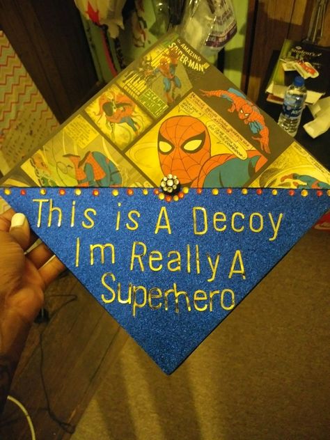 Superhero Graduation Cap Vpk Graduation, Teacher Graduation Cap, Creative Graduation Caps, College Grad Cap Ideas, Graduation Cap Decoration Diy, High School Graduation Cap, College Graduation Cap Decoration, Grad Hat, Grad Cap Designs