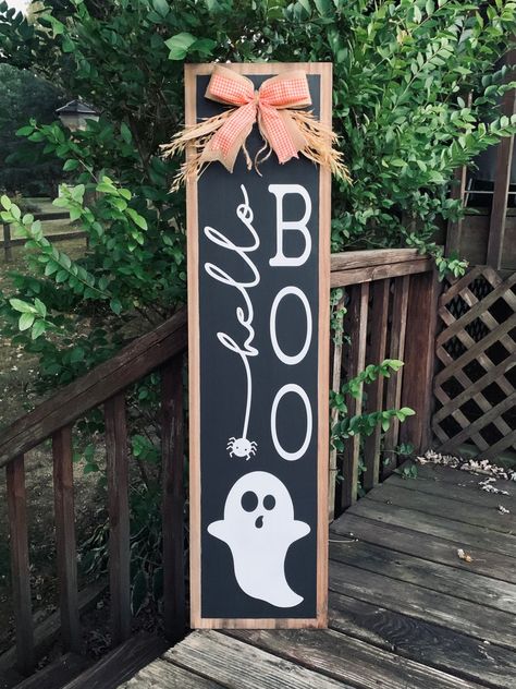 Four Foot Hello Boo Porch Sign Halloween Decor Fall Porch Leaner - Etsy Welcome Porch Leaner Sign, Halloween Porch Decor Ideas, Halloween Door Leaner, Halloween Outdoor Signs, Fall Outdoor Signs Front Porch, Halloween Porch Leaner Sign, Fall Porch Sign Ideas, Halloween Signs Wooden Porch, Fall Front Porch Signs