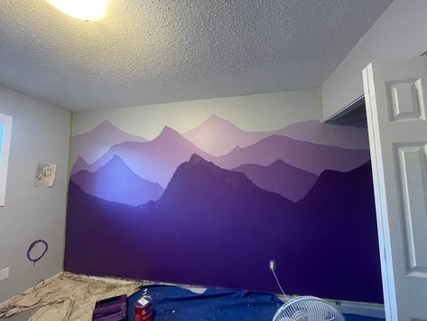 Purple Wall Mural Bedroom, Wall Paint Patterns Purple, Blue And Purple Wall Paint Ideas, Purple Wall Murals Painted, Purple Bedroom Accent Wall, Purple Wall Mural, Purple Wall Painting Ideas Bedroom, Purple Boys Room, Purple Wall Painting Ideas