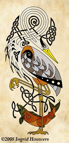 2008 Ingrid Houwers (Irish traditional artist, taxidermist, professional corsetier) ~ The Heron and Salmon via *Illahie Celtic Images, Celtic Animals, Celtic Artwork, Celtic Tattoo, Celtic Patterns, Celtic Knotwork, Celtic Tattoos, Irish Art, Viking Art