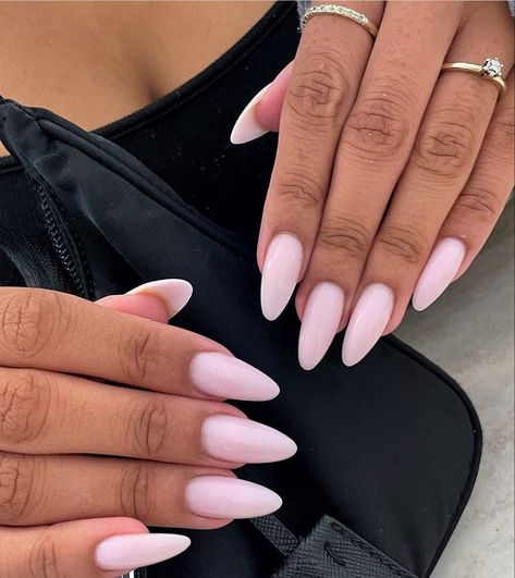 Light pink almond shaped acrylics Soft Elegant Nails, Fani Bani Nail, Medium Long Almond Nails, Long Pink Almond Nails, Nail Inspired Almond, Milky Nails Almond, Long Almond Nails Pink, Almond Shape French Nails, Nails Summer 2024 Almond