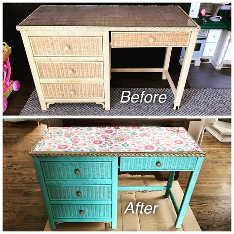 Henry Link Wicker desk makeover. Updated with Annie Sloan Provence Chalk Paint Wicker Desk Makeover, Wicker Vanity Makeover, Rustic Grey Bedroom, Couch Placement, Wicker Makeover, Wicker Desk, Rush Chair, Annie Sloan Provence, Couch Makeover