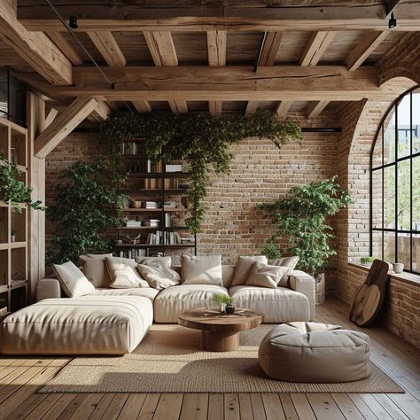 Industrial Living Room With Plants, Earthy Scandinavian Living Room, Cozy Urban Living Room, Boho Flat Decor, Japandi Meditation Room, Earthy Decor Living Room, Colonial House Interior Design Living Room, Earthy Apartment, Living Room Earthy