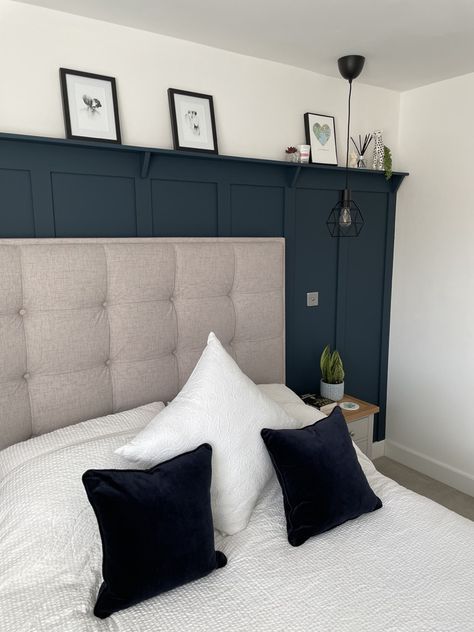 Navy Bedroom Panelling Wall, Navy Wood Panelling Bedroom, Hague Blue Panelling Bedroom, Lick Blue 07 Paint, Blue Panelling Bedroom Ideas, Navy Wall Panelling Bedroom, Blue Wall Panelling Bedroom, Blue Half Wall Paneling, Dark Blue And Neutral Bedroom