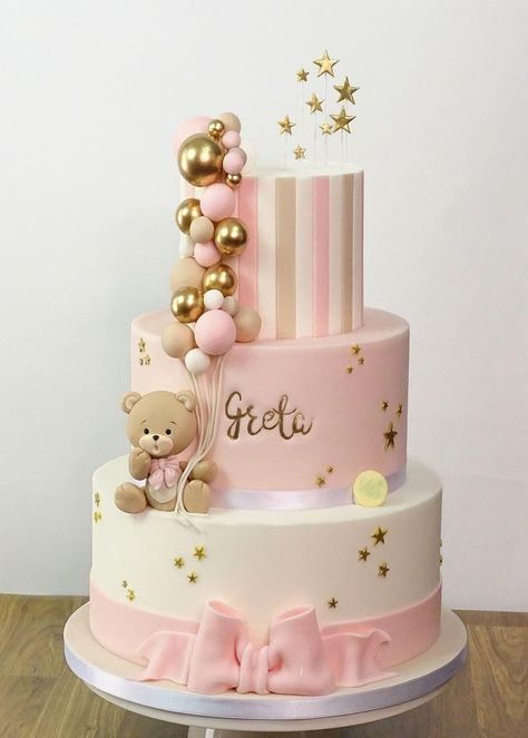 Teddy Bear Birthday Cake, Baby 1st Birthday Cake, Bear Baby Shower Cake, Baby Shower Cake Designs, Baby Girl Cake, Bear Baby Shower Theme, Pastel Baby Shower, Baby First Birthday Cake, Idee Babyshower