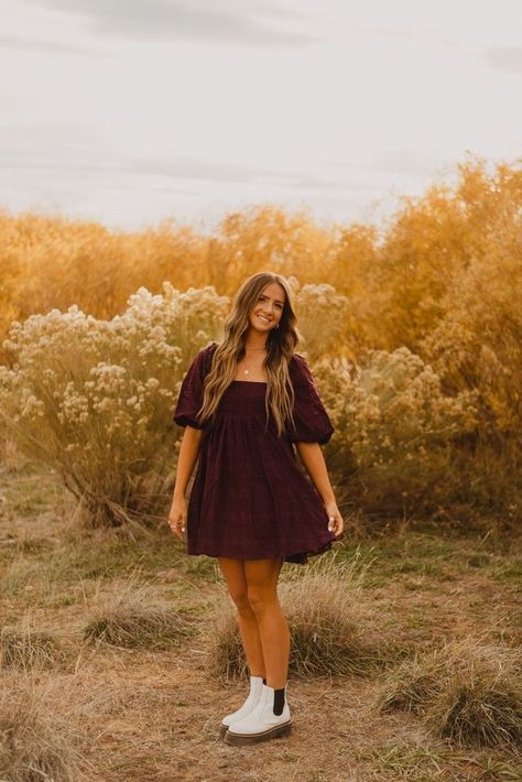 Grad Casuals Outfit, Fall Dresses Photoshoot, Graduation Outfit Ideas Colorful, Senior Picture Idea Outfits, Harvest Dresses Highschool, Brown Dress Senior Pictures, Fall Dresses For Senior Pictures, Spring Photoshoot Senior Pics, Cute Fall Photoshoot Outfits