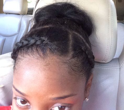 Bun with two braids in the front #Simple #Cute Front Braids With Bun, Bun With Front Braid, Two Braids In Front With Ponytail Natural Hair, Front Braid With Bun, Braids Into A Bun Natural Hair, 2 French Braids Natural Hair, 2 Braids With Bun, Two Braids In The Front Natural Hair, Two Braids Bun