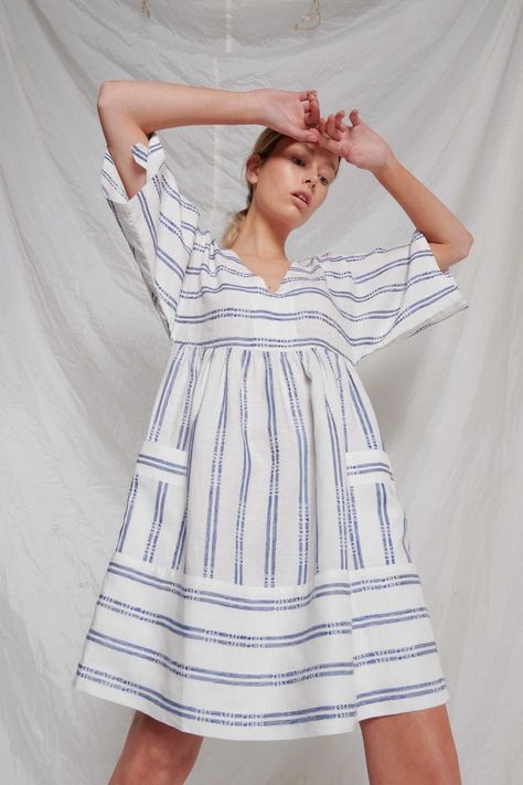 Resort Lookbook, Slow Clothing, Linen Stripes, Striped Linen Dress, Resort Fashion, Casual Wear Dress, T Dress, Gathered Dress, Studio Photoshoot