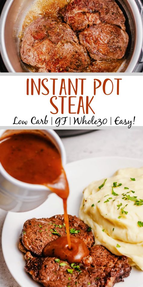 This instant pot steak is so flavorful and so easy. It cooks in the pressure cooker in under 20 minutes, and is perfect for a quick weeknight recipe. A delicious gravy can be made right in the instant pot with the juices to serve over the steak or with mashed potatoes, and everything is gluten free, Whole30, low carb so everyone can enjoy this healthy dinner. #instantpotsteak #pressurecookersteak #instantpotbeef #whole30instantpot Instant Pot Steak, Chuck Steak Recipes, Paleo Beef Recipes, Round Steak Recipes, Ribeye Steak Recipes, Cube Steak Recipes, Easy Steak Recipes, With Mashed Potatoes, Instant Pot Dinner Recipes