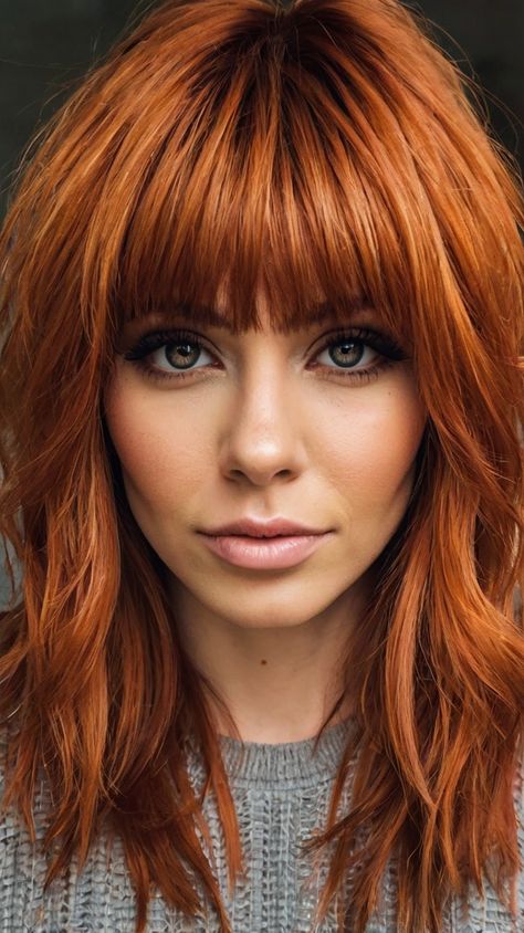 Ginger Makeup Edgy Copper Fringe Bold New Look Copper Blonde Hair With Bangs, Red Hair Fringe, Copper Hair With Bangs, Makeup Edgy, Ginger Makeup, Copper Fringe, Copper Hair Color Ideas, Edgy Hair Color, Copper Blonde Hair