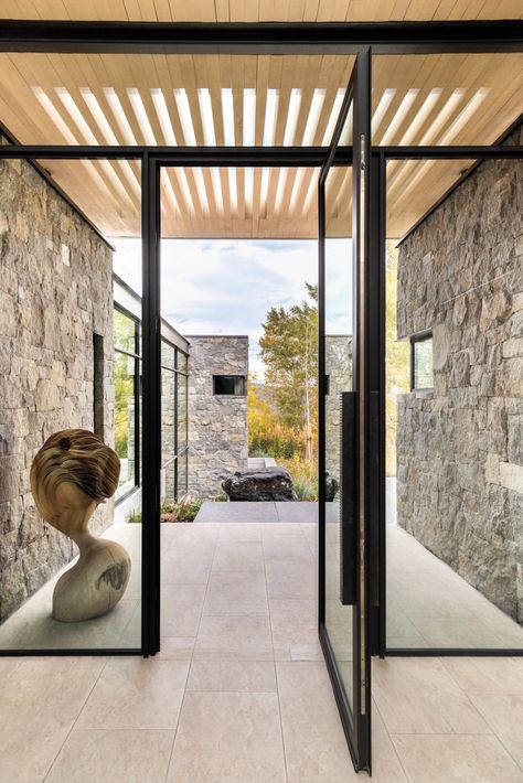 House Entrance Doors, Wall Of Windows, Aspen House, Glass Cocktail Tables, Cabin Aesthetic, Wall Of Sound, Mountain Waterfall, Architecture Home, Private Home