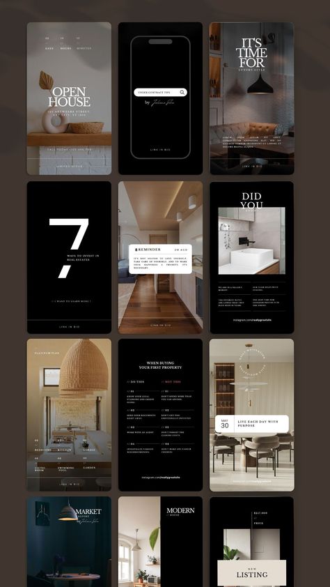 Web Design-Templates & Layouts Social Media Feed Ideas, Social Media Luxury Design, Real Estate Story Template, Luxury Marketing Design, Luxury Instagram Template, Instagram Story Ideas For Real Estate, Architecture Instagram Story, Real State Designs, Real Estate Design Social Media