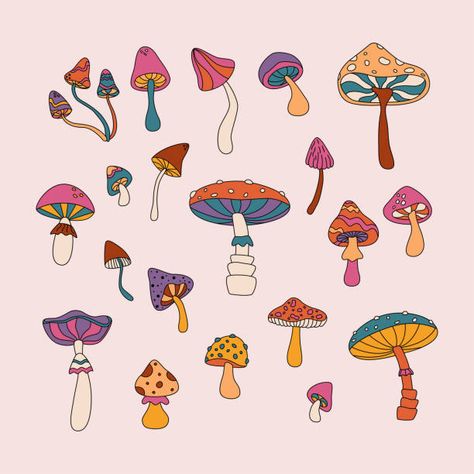 Mushroom Garden Illustration, How To Draw Cartoon Mushrooms, Mushroom Tops Drawing, Fun Mushroom Art, Animated Mushroom Drawing, Mushroom Wall Drawing, Mushroom Types Drawing, Mushroom Posca Art, Simple Mushroom Illustration