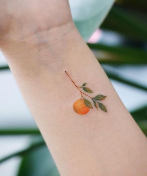 60 Best Cute And Small Tattoo Ideas - List Inspire Tiny Color Tattoos, Cute Food Tattoos, Colorful Minimalist Tattoo, Small Colour Tattoo, Tangerine Tattoo, Orange Tattoo, Fruit Tattoo, Shape Tattoo, Muster Tattoos