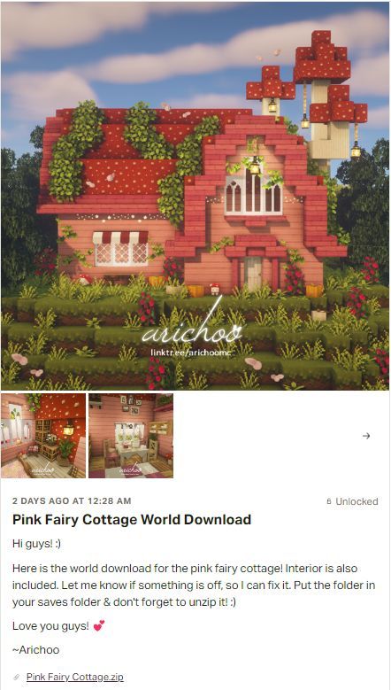 Hi guys! The world download of my pink fairy cottage is now available on my Patreon. If you are interested in this building and in supporting me click on the picture. Love you all & have a great day/night! 🥰 #cottagecoreminecraft #cottagecore #cottage #minecraftcottage #minecraftaesthetic #aesthetic #aestheticminecraft #minecraft #mizunos16craft #patreon #fairy #fairycore #pixie #magic #support #contentcreator